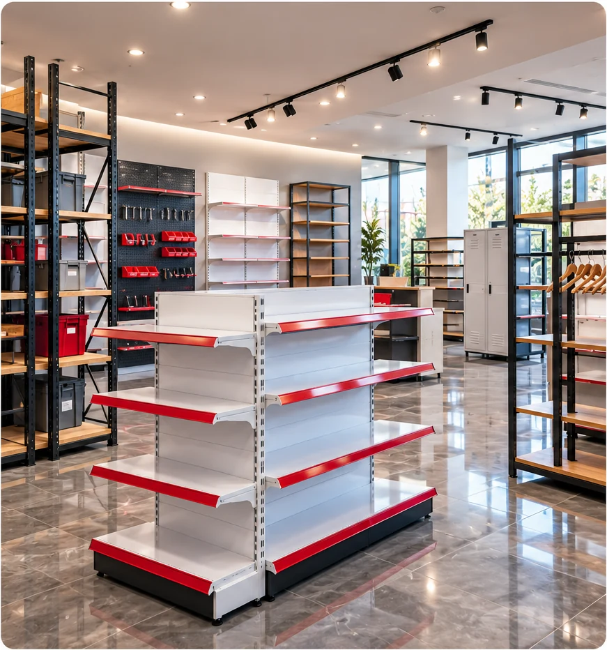 Çeşitli raf, teşhir ve mağaza ekipmanlarını gösteren showroom tasarımı