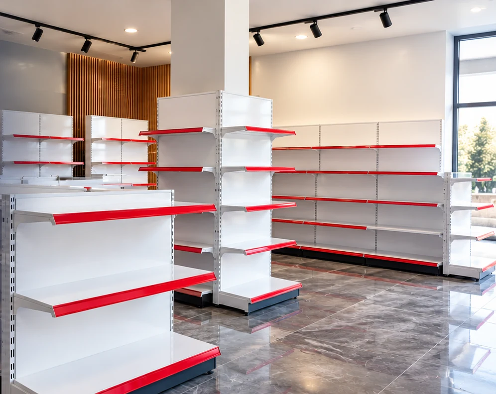 Modern market raf sistemlerini gösteren temsili showroom görseli