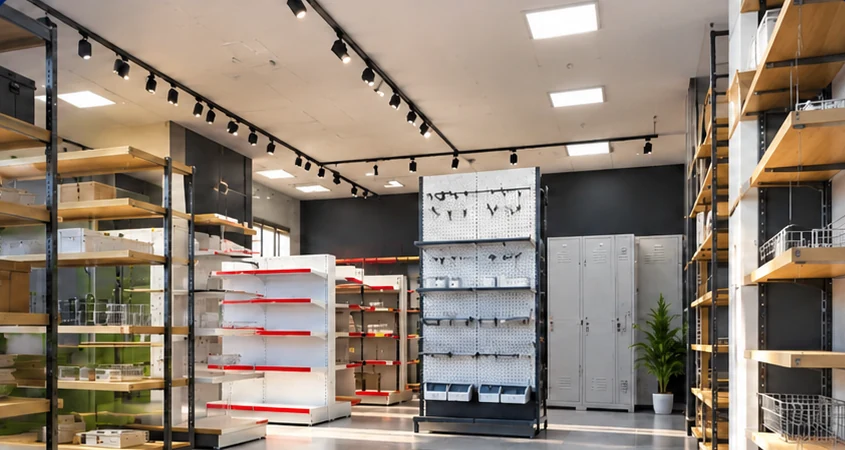 Raf, teşhir ve depolama sistemleri içeren dijital olarak oluşturulmuş showroom konsepti